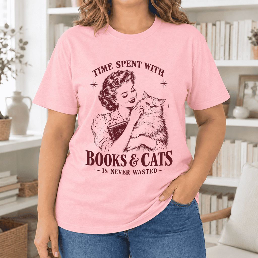 Time Spent With Books & Cats Ultra-Soft Cotton T-Shirt | Cat Lover Reader Gift Pink