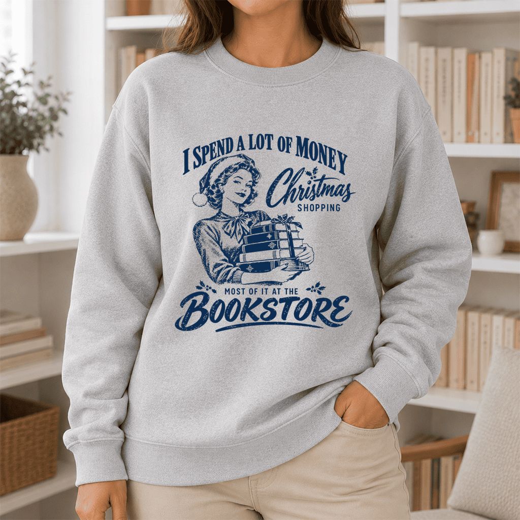 Christmas Book Shopping Printed Sweatshirt | Christmas Reader Gift Sport Grey
