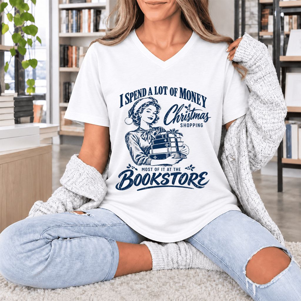 Christmas Book Shopping Ultra-Soft V-Neck | Christmas Reader Gift White