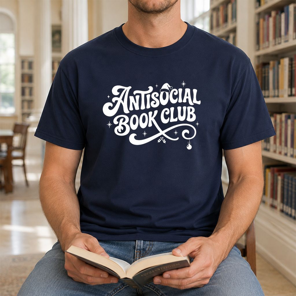 Antisocial Book Club Printed T-Shirt | Christmas Book Lover Gift Navy