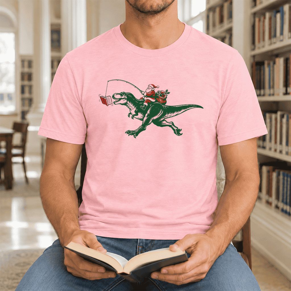 Santa Riding T-Rex Ultra-Soft Cotton T-Shirt | Christmas Reader Gift Pink