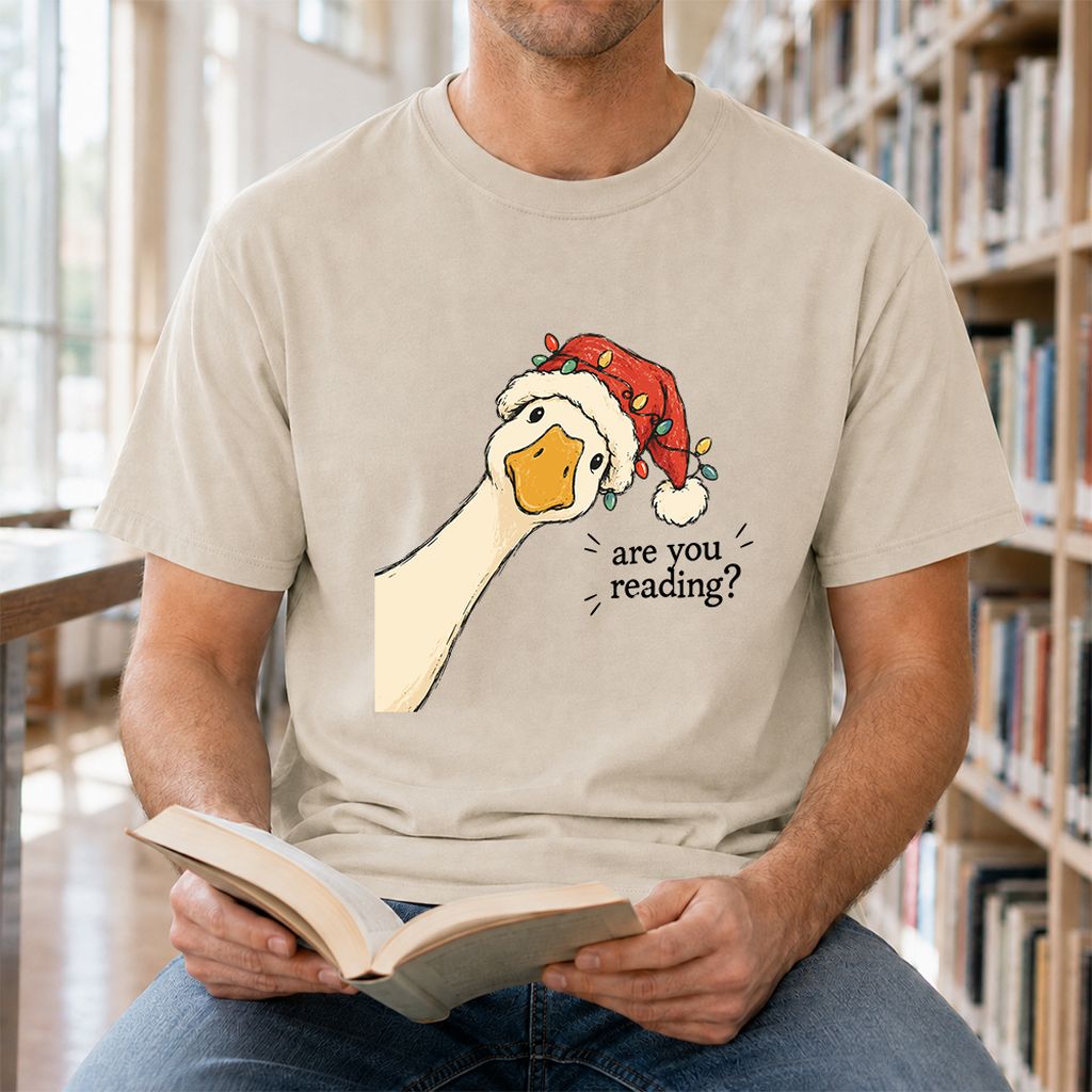 Are You Reading Goose Printed T-Shirt | Funny Christmas Book Lover Gift Sand