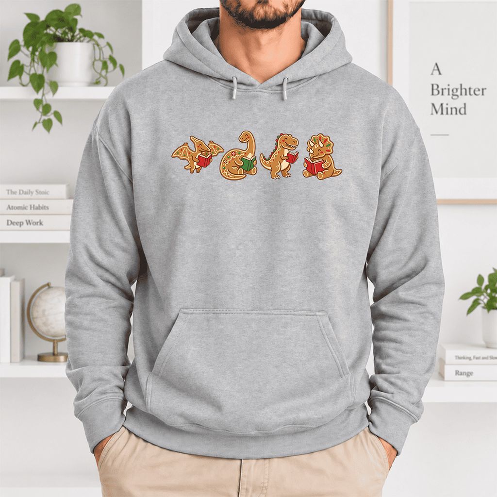 Four Gingerbread Dinosaur Reading Softstyle Hoodie | Christmas Reading Gift Sport Grey