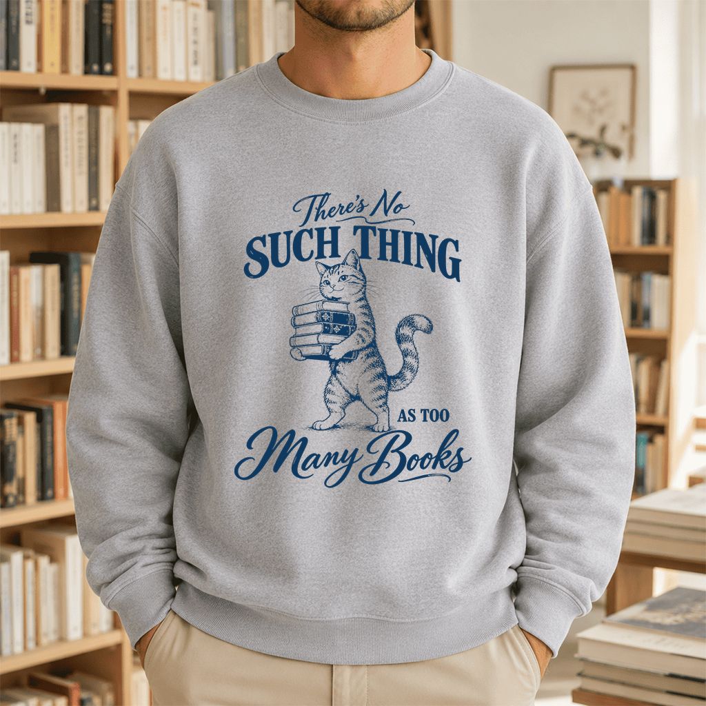 There's No Such Thing As Too Many Books Printed Sweatshirt | Cat Book Lover Gift Sport Grey