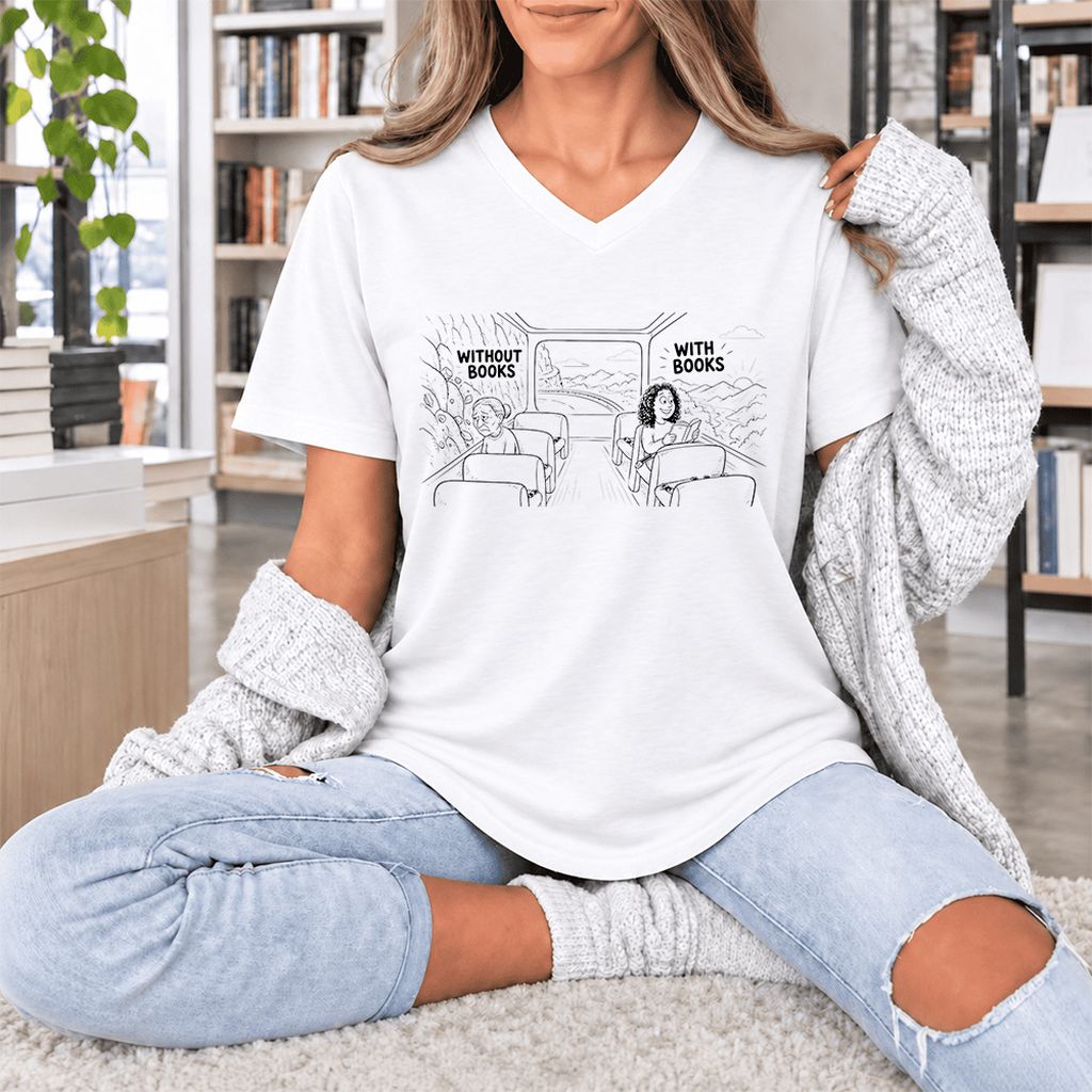 Without Books With Books Ultra-Soft V-Neck | Reader Gift White