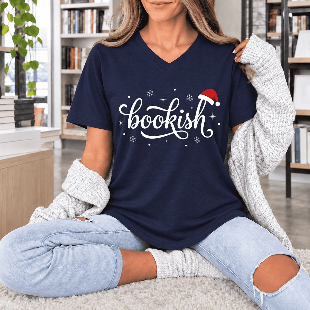 Snowy Bookish Ultra-Soft V-Neck | Christmas Reader Gift Navy