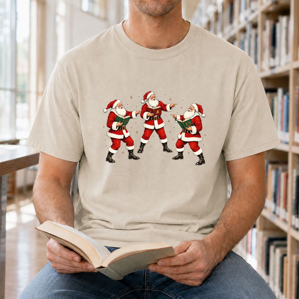 Three Reading Santas Printed T-Shirt | Christmas Reader Gift Sand