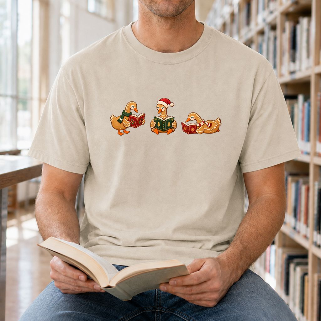 Gingerbread Ducks Reading Printed T-Shirt | Christmas Gift Sand