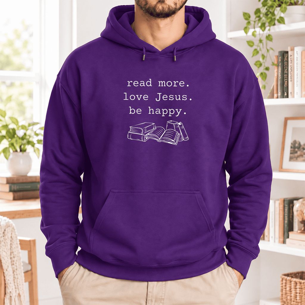 Read More Love Jesus Be Happy Softstyle Hoodie | Positive Reader Gift Purple