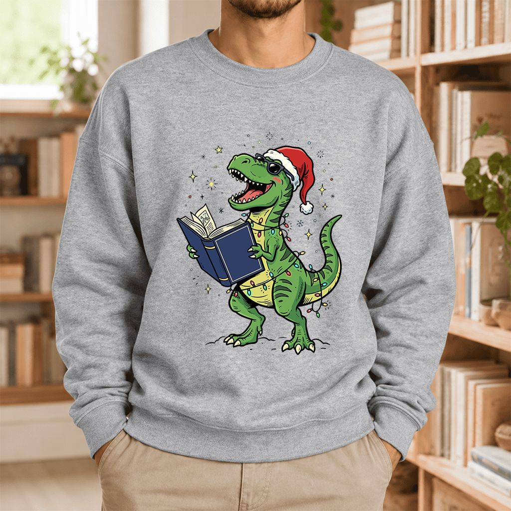 T-Rex Wearing Santa Hat And Reading Softstyle Sweatshirt | Christmas Reader Gift Sport Grey