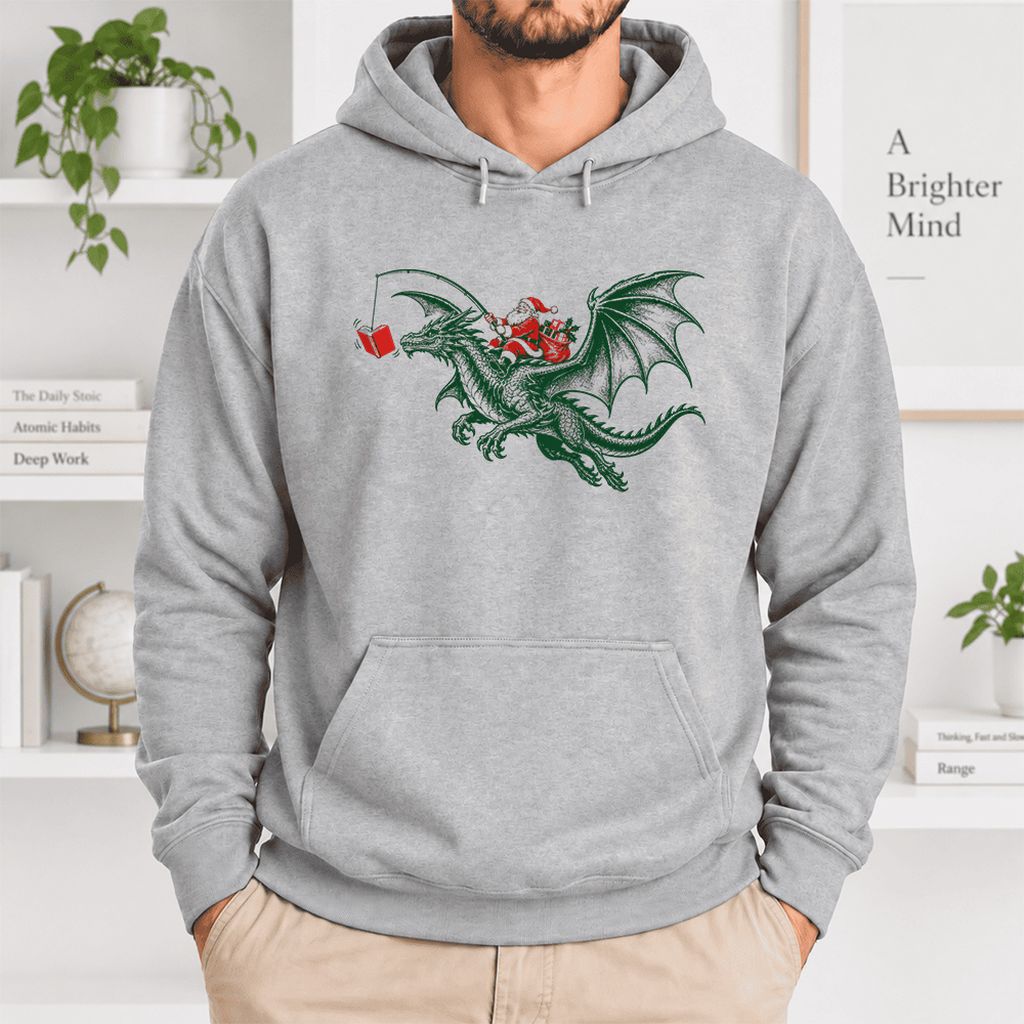 Santa Riding Green Dragon Softstyle Hoodie | Christmas Fantasy Reader Gift Sport Grey