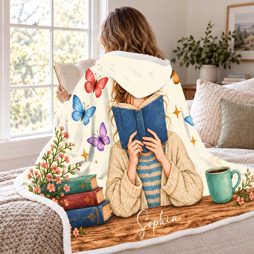 Custom Name Reading Woman Sherpa Hooded Blanket | Book Lover Gift White