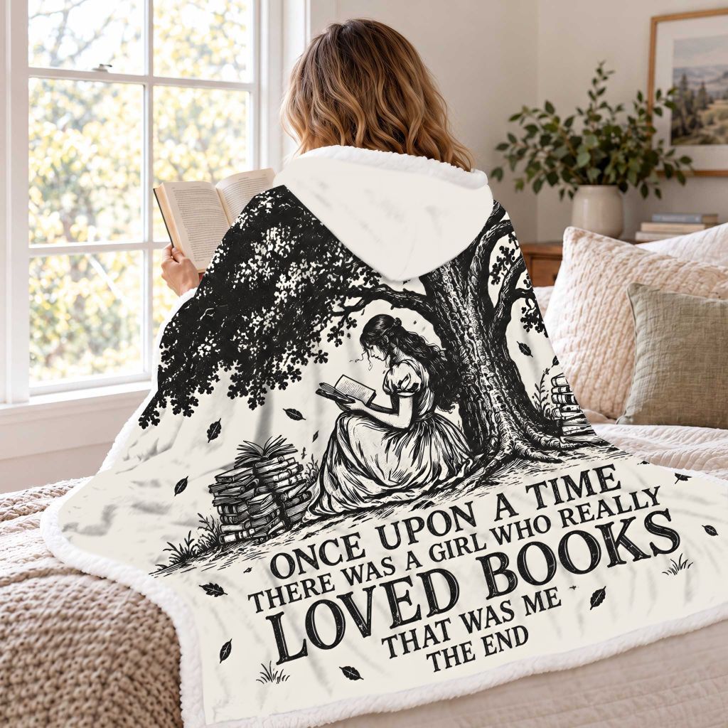A Girl Who Really Loved Books Sherpa Hooded Blanket | Book Lover Gift White