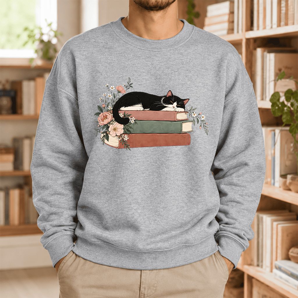 Sleeping Tuxedo Cat On Books Softstyle Sweatshirt | Cat Lover Reader Gift Sport Grey