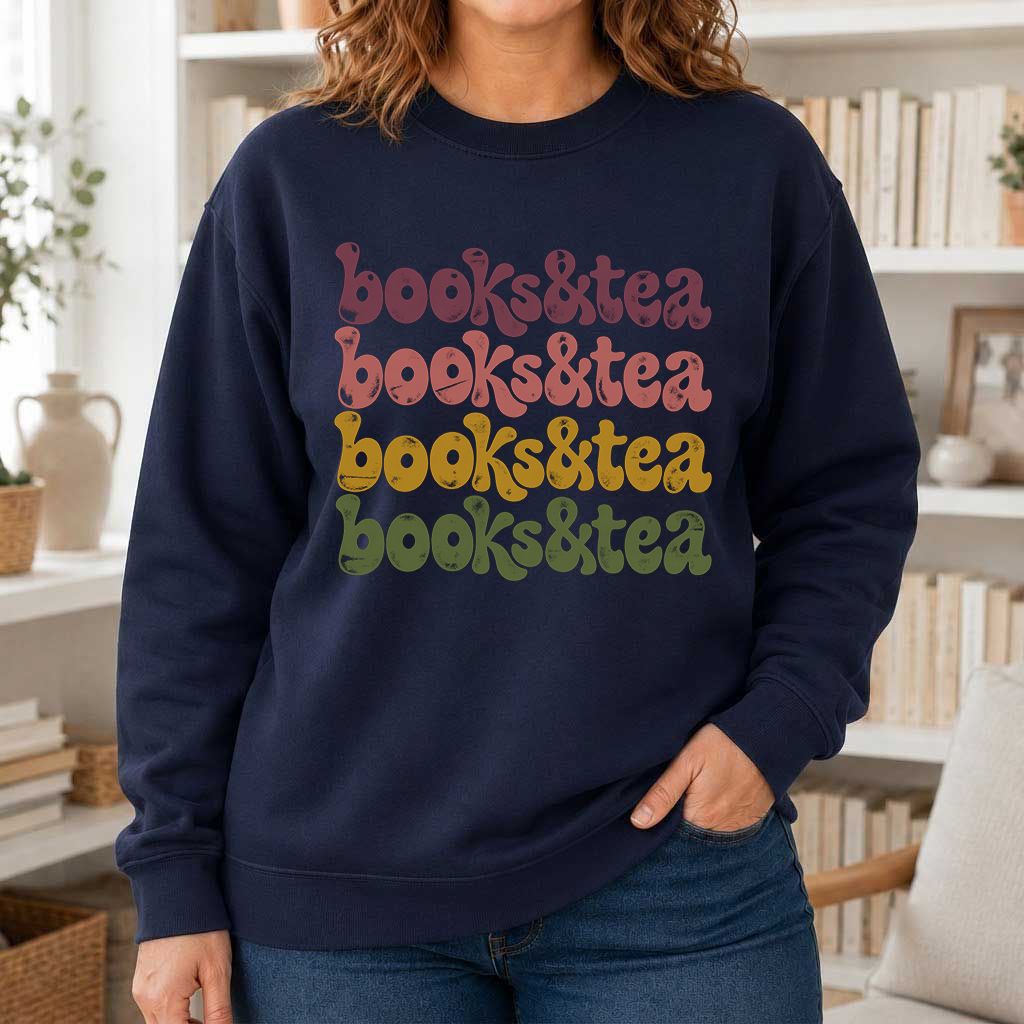 Books & Tea Retro Crewneck Sweatshirt | Cozy Book Lover Gift Navy
