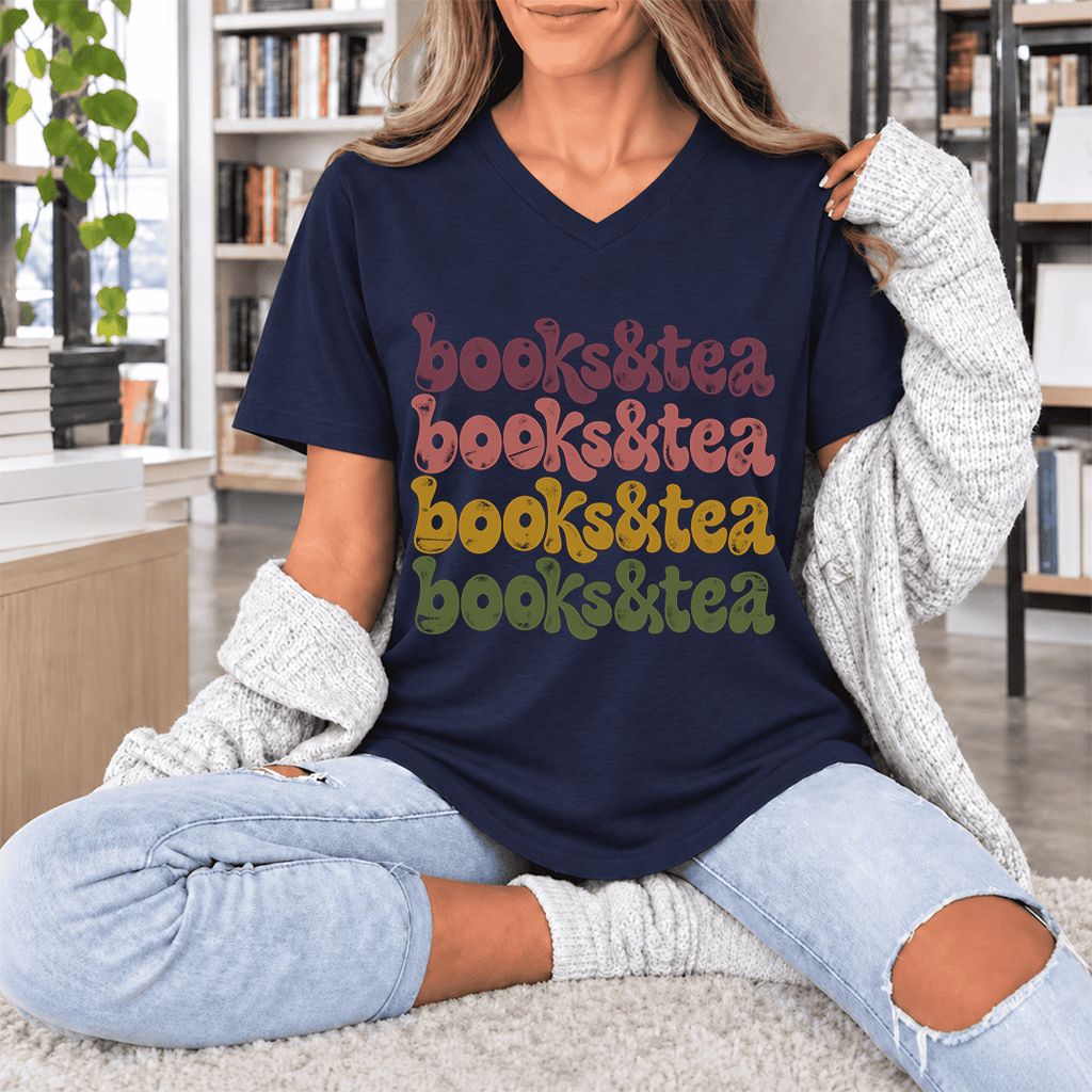 Books & Tea Retro Ultra-Soft V-Neck | Cozy Book Lover Gift Navy