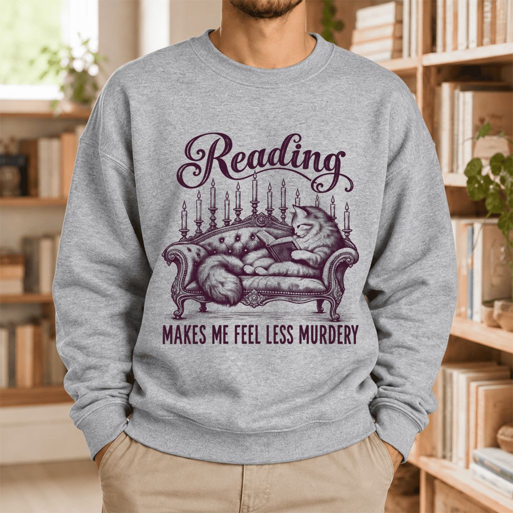 Reading Makes Me Feel Less Murdery Softstyle Sweatshirt | Funny Cat Reader Gift Sport Grey