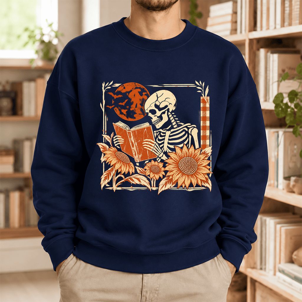Skeleton Reading Sunflowers Softstyle Sweatshirt | Halloween Book Lover Gift Navy