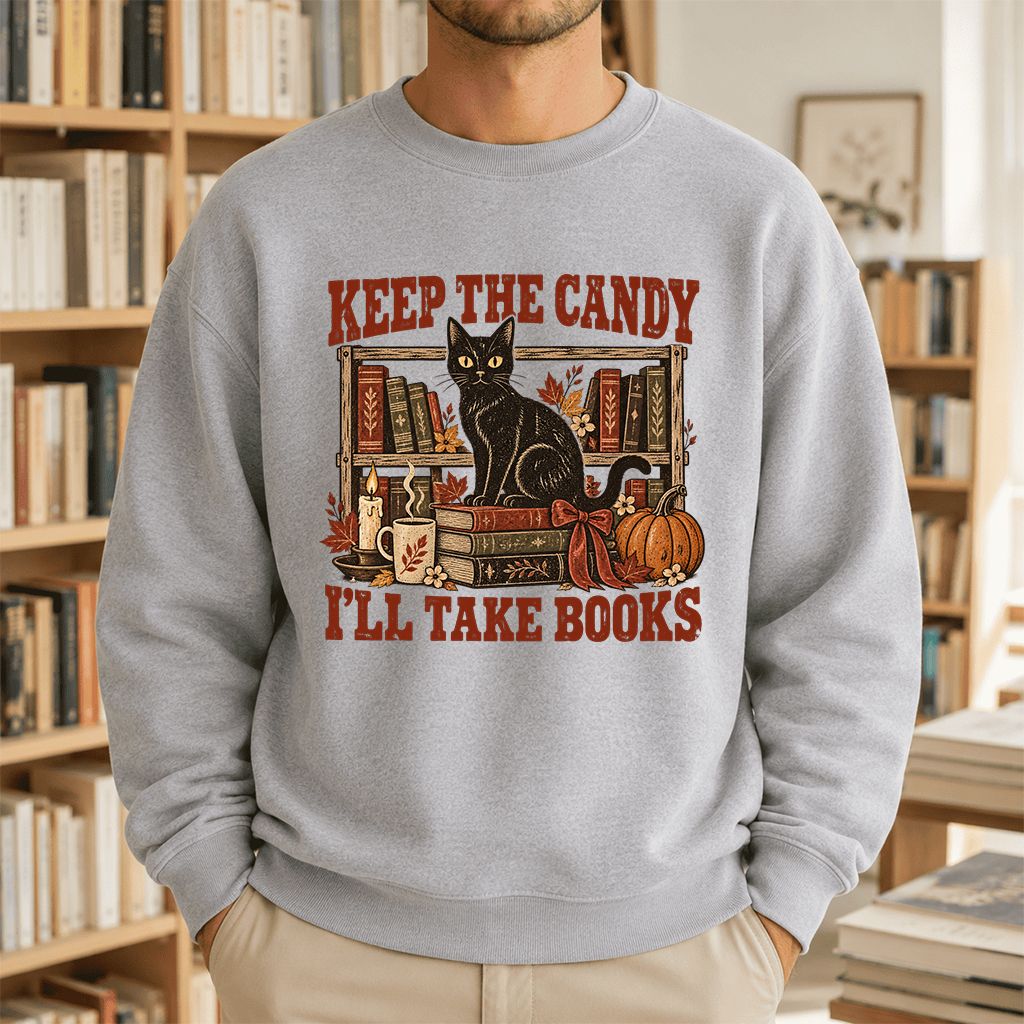 Keep The Candy I'll Take Books Crewneck Sweatshirt | Halloween Reader Gift Sport Grey