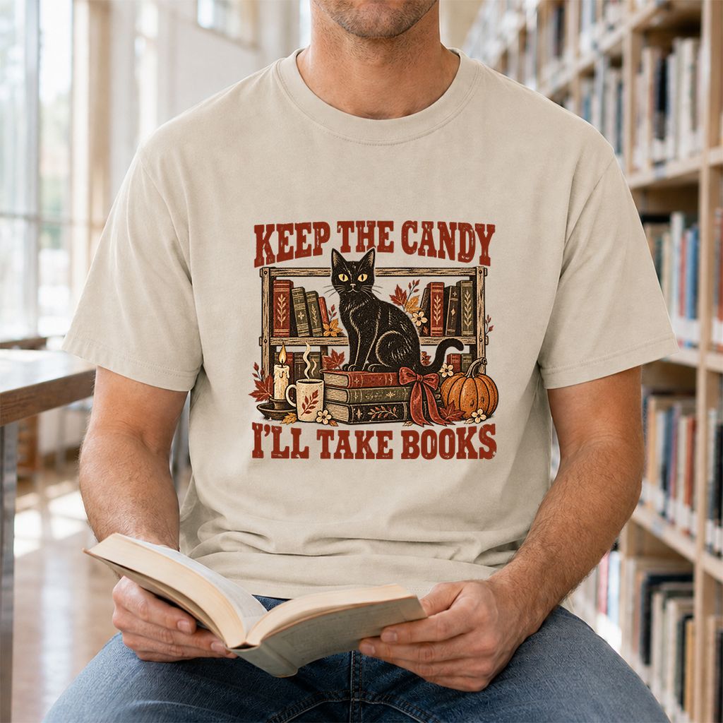 Keep The Candy I'll Take Books Printed T-Shirt | Halloween Reader Gift Sand