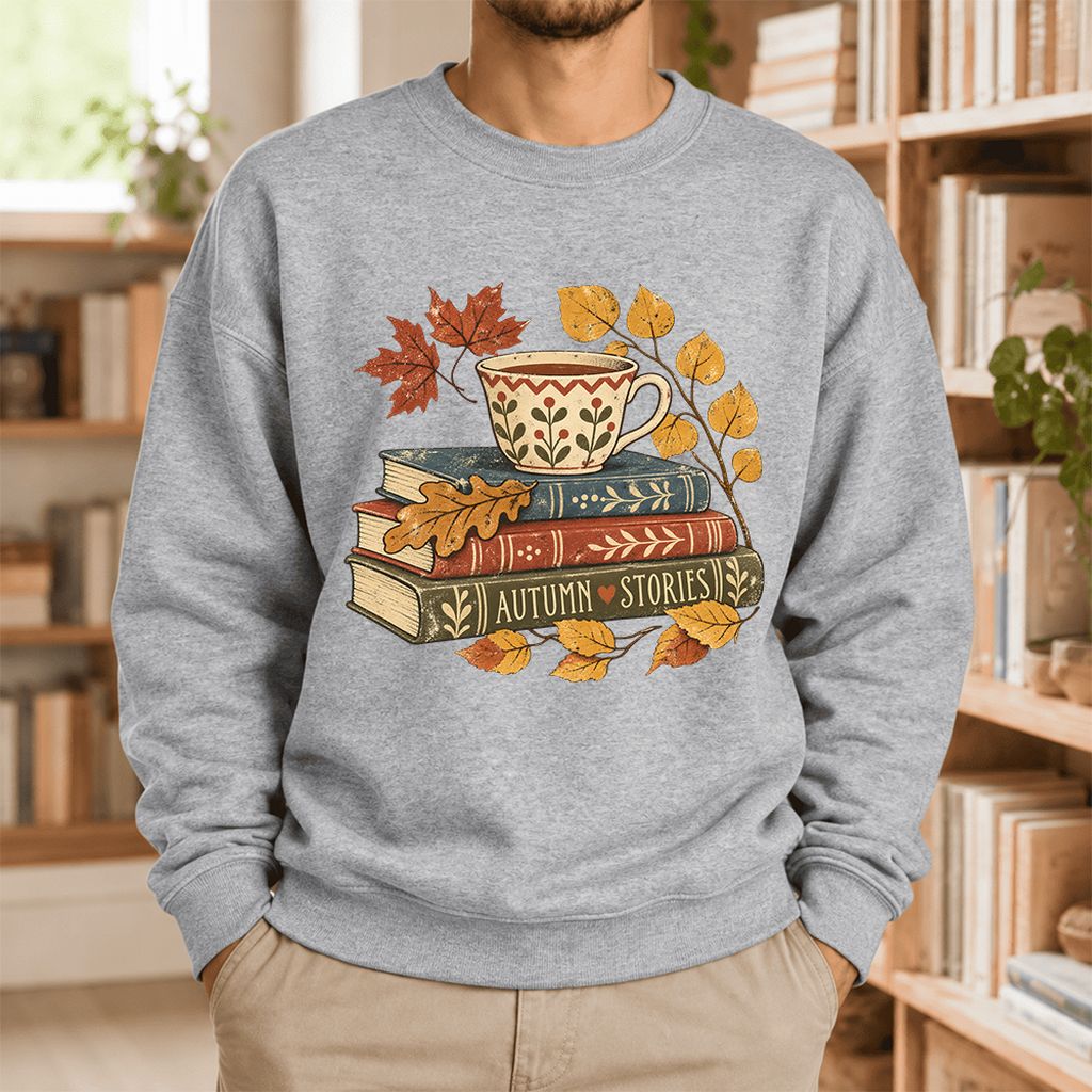 Autumn Stories Book Stack Softstyle Sweatshirt | Cozy Fall Reader Gift Sport Grey