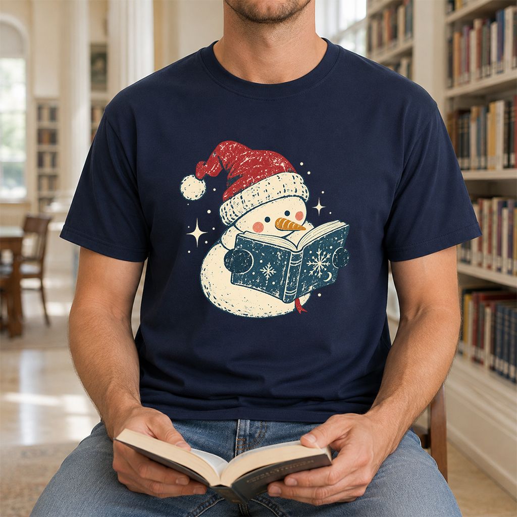 Reading Snowman Christmas Printed T-Shirt | Cozy Christmas Reader Gift Navy