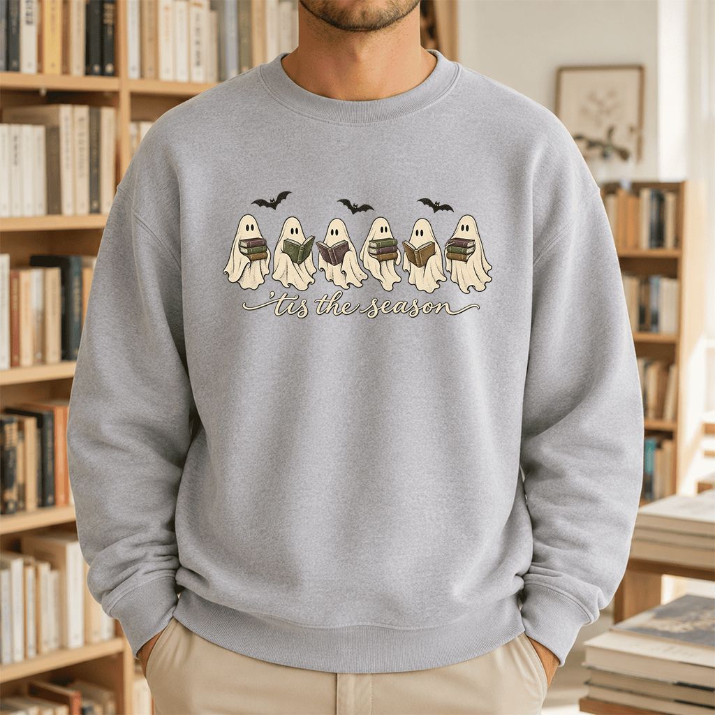 'Tis The Season Reading Ghosts Crewneck Sweatshirt | Halloween Book Lover Gift Sport Grey