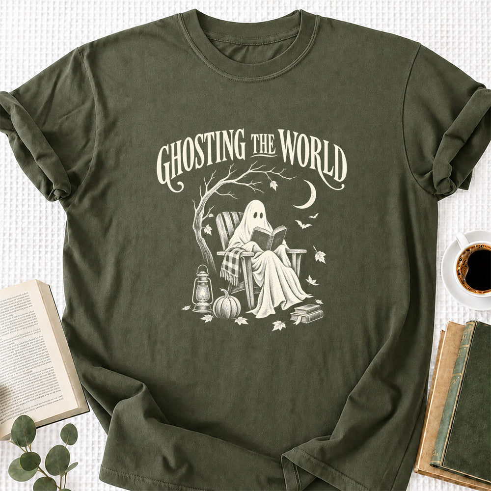 Ghosting The World Cotton T-Shirt | Halloween Book Lover Gift Military Green