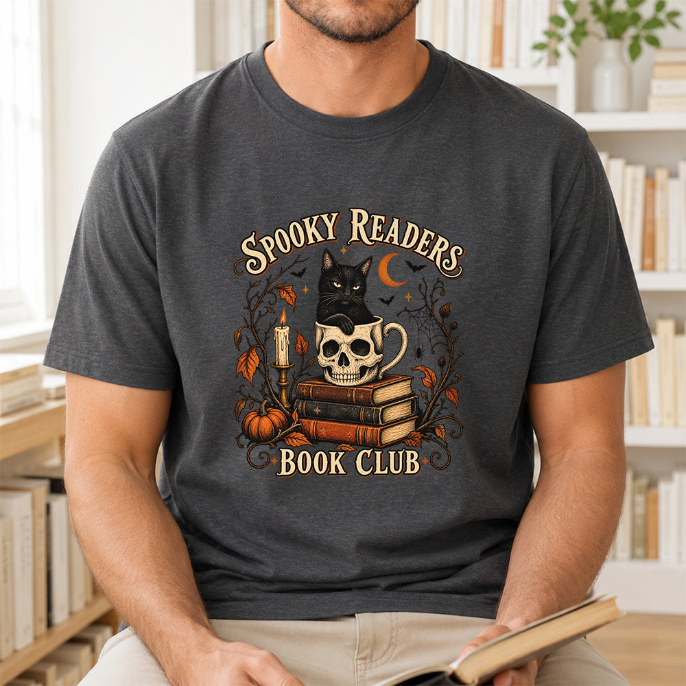 Spooky Reader Book Club Cotton T-Shirt | Halloween Book Lover Gift Dark Heather