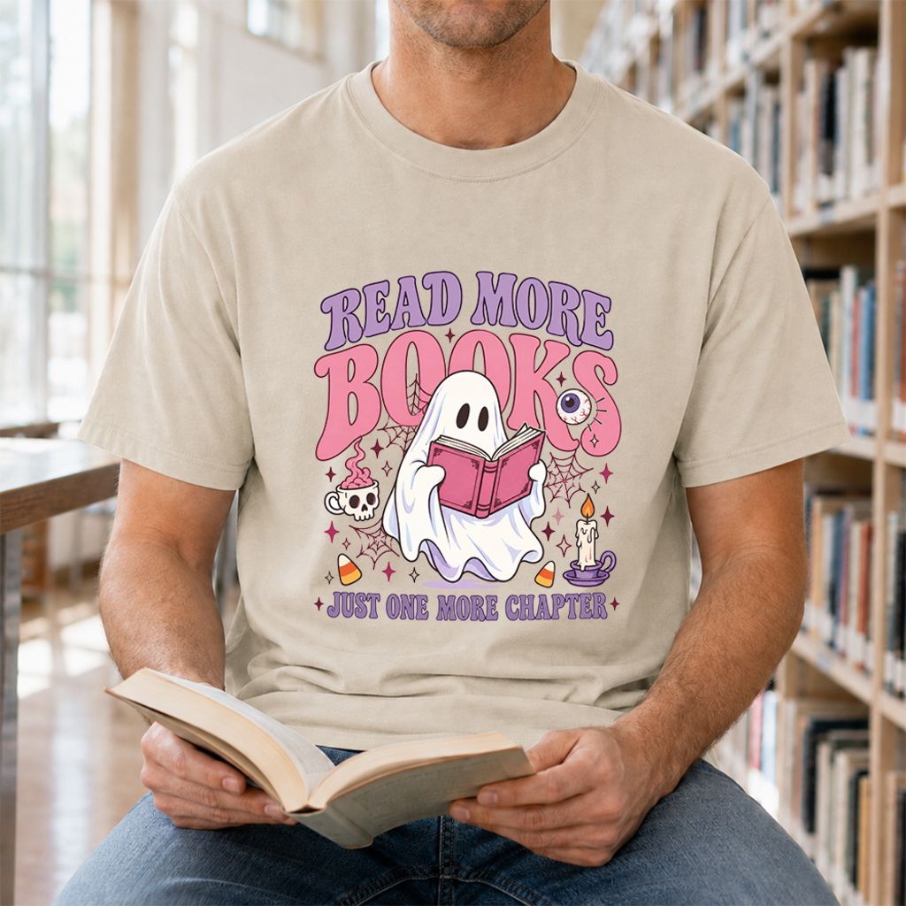 Read More Books Ghost Printed T-Shirt | Halloween Book Lover Gift Sand