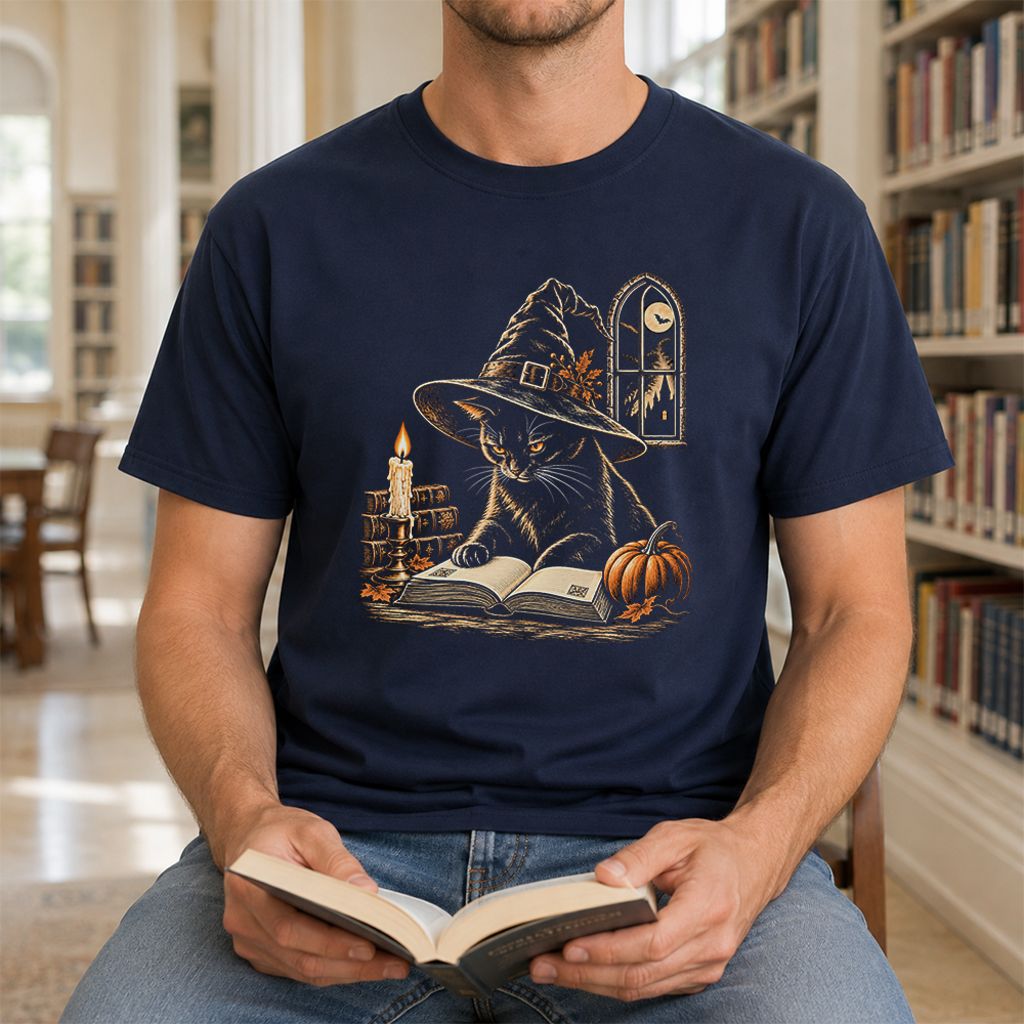 Reading Black Cat Witch Printed T-Shirt | Halloween Book Lover Gift Navy