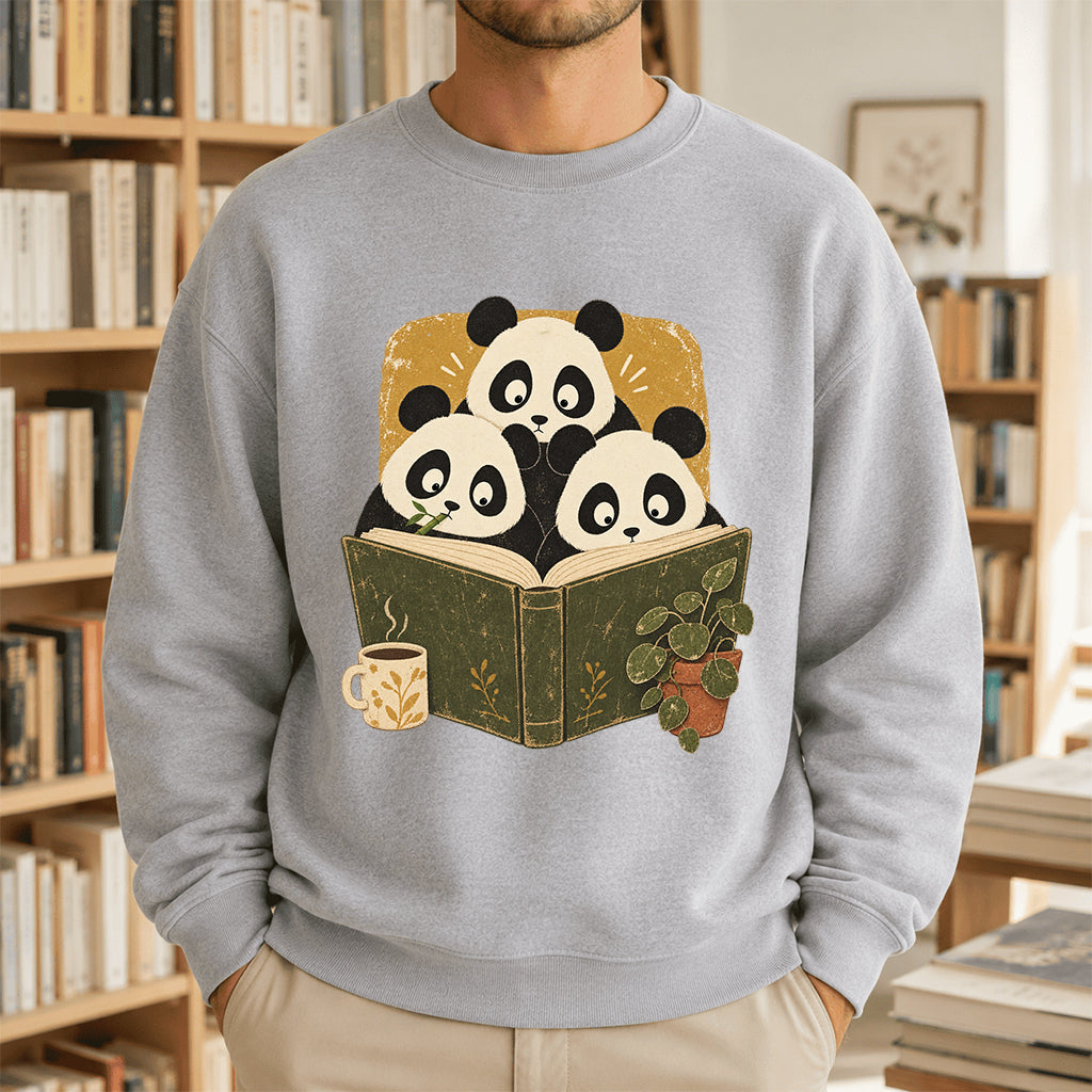 Curious Pandas Reading Crewneck Sweatshirt | Panda Lover & Reader Gift Sport Grey
