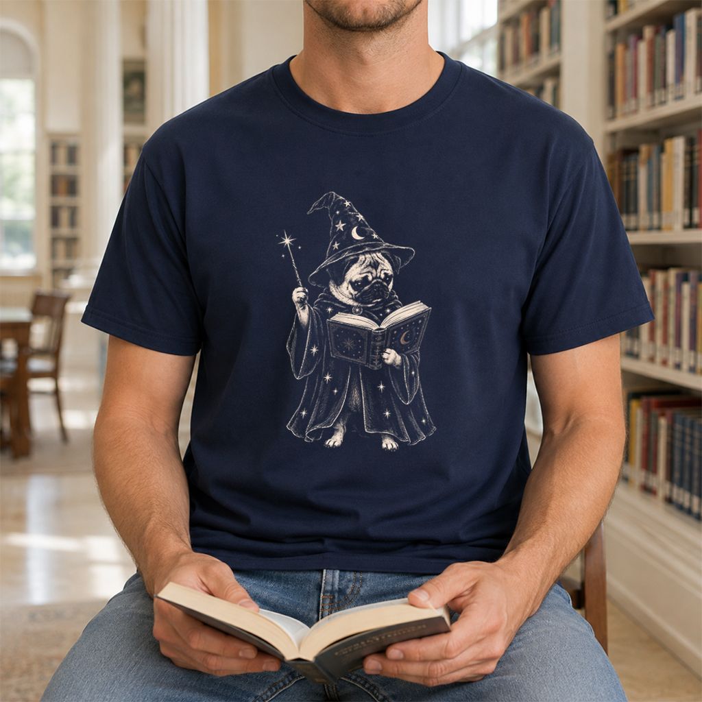 Cute Pug Witch Reading Book Printed T-Shirt | Halloween Book & Dog Lover Gift Navy