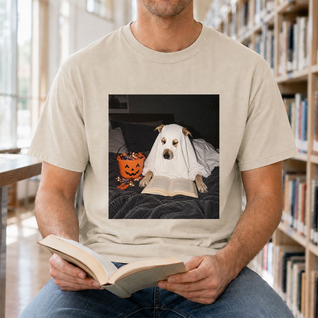 Cute Reading Ghost Dog Printed T-Shirt | Halloween Book Lover Gift Sand