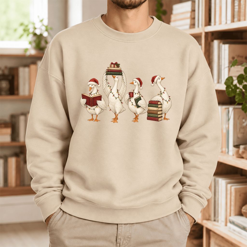 Christmas Reading Ducks Softstyle Sweatshirt | Christmas Book Lover Gift Sand