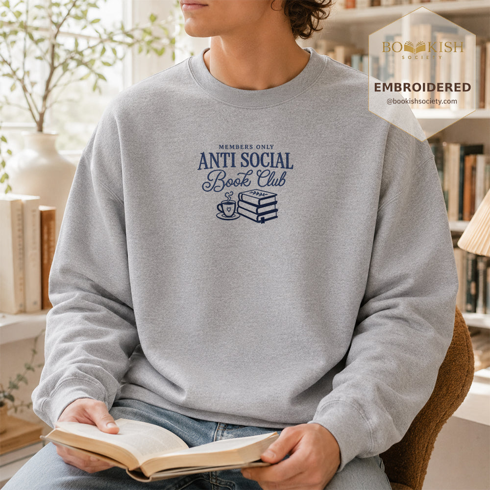 Anti-Social Book Club Embroidered Sweatshirt | Reader Gift Sport Grey