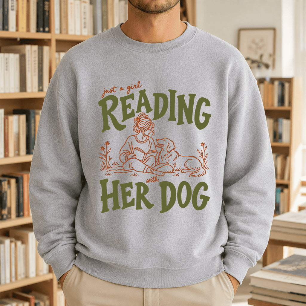 Just A Girl Reading With Her Dog Crewneck Sweatshirt | Reader Gift Sport Grey