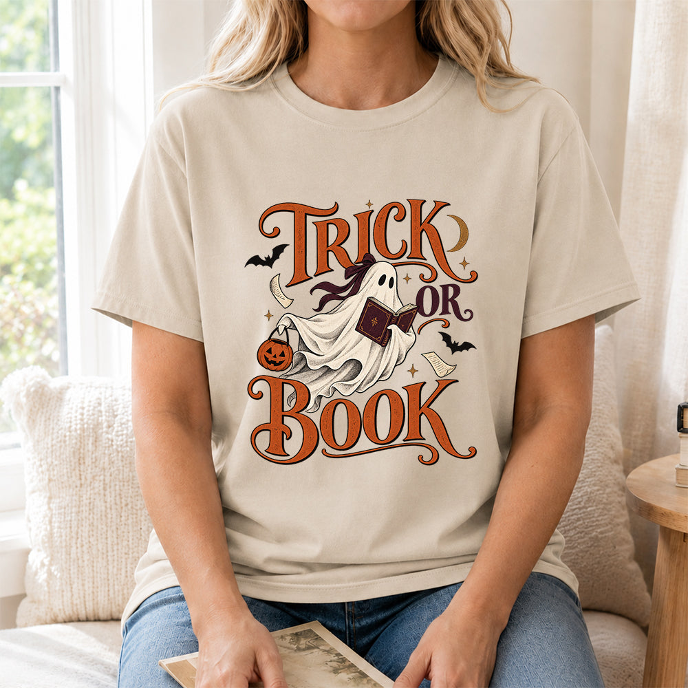 Trick Or Book Ghost Printed T-Shirt | Halloween Book Lover Gift Sand