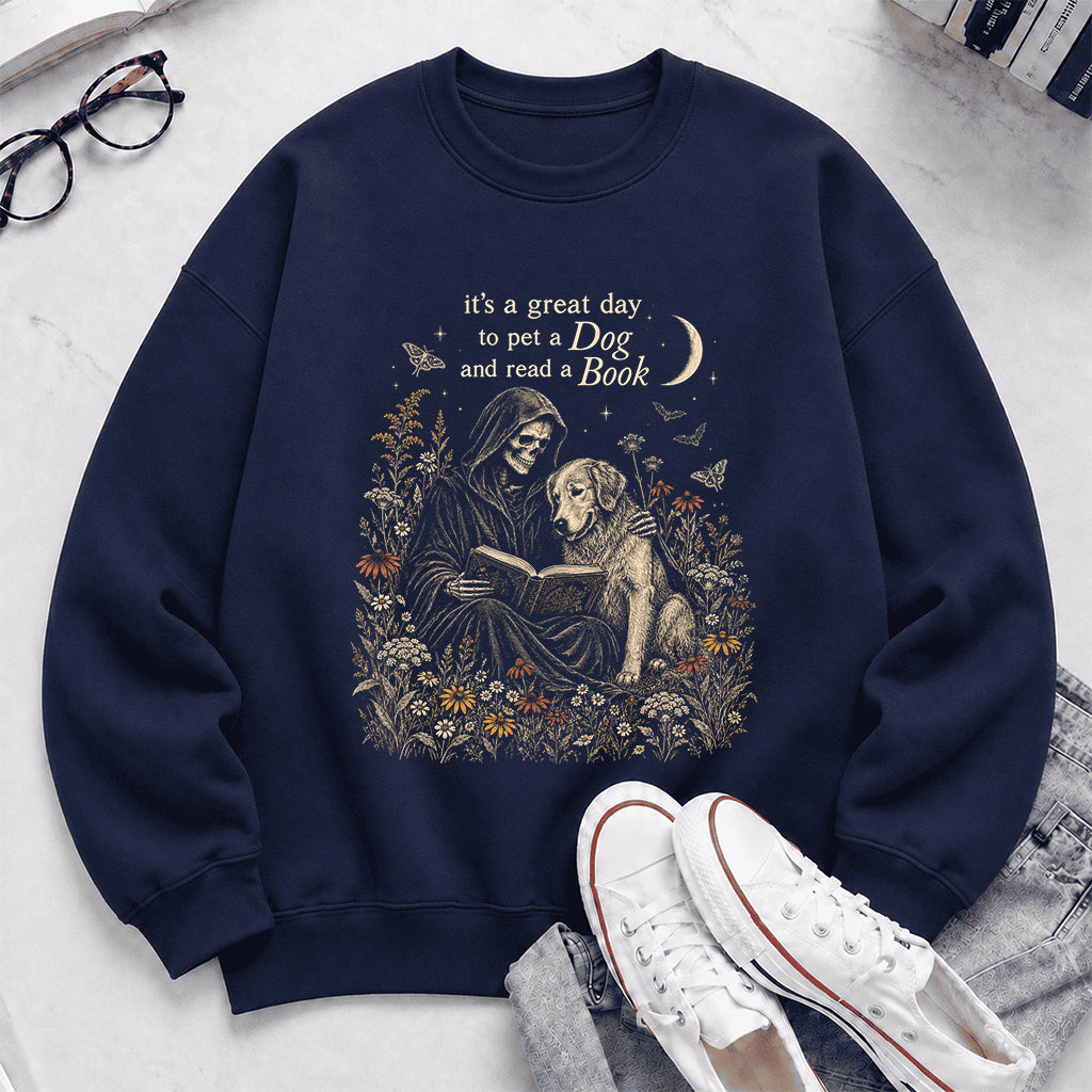 It's A Great Day To Pet A Dog And Read A Book Crewneck Sweatshirt | Gift Navy