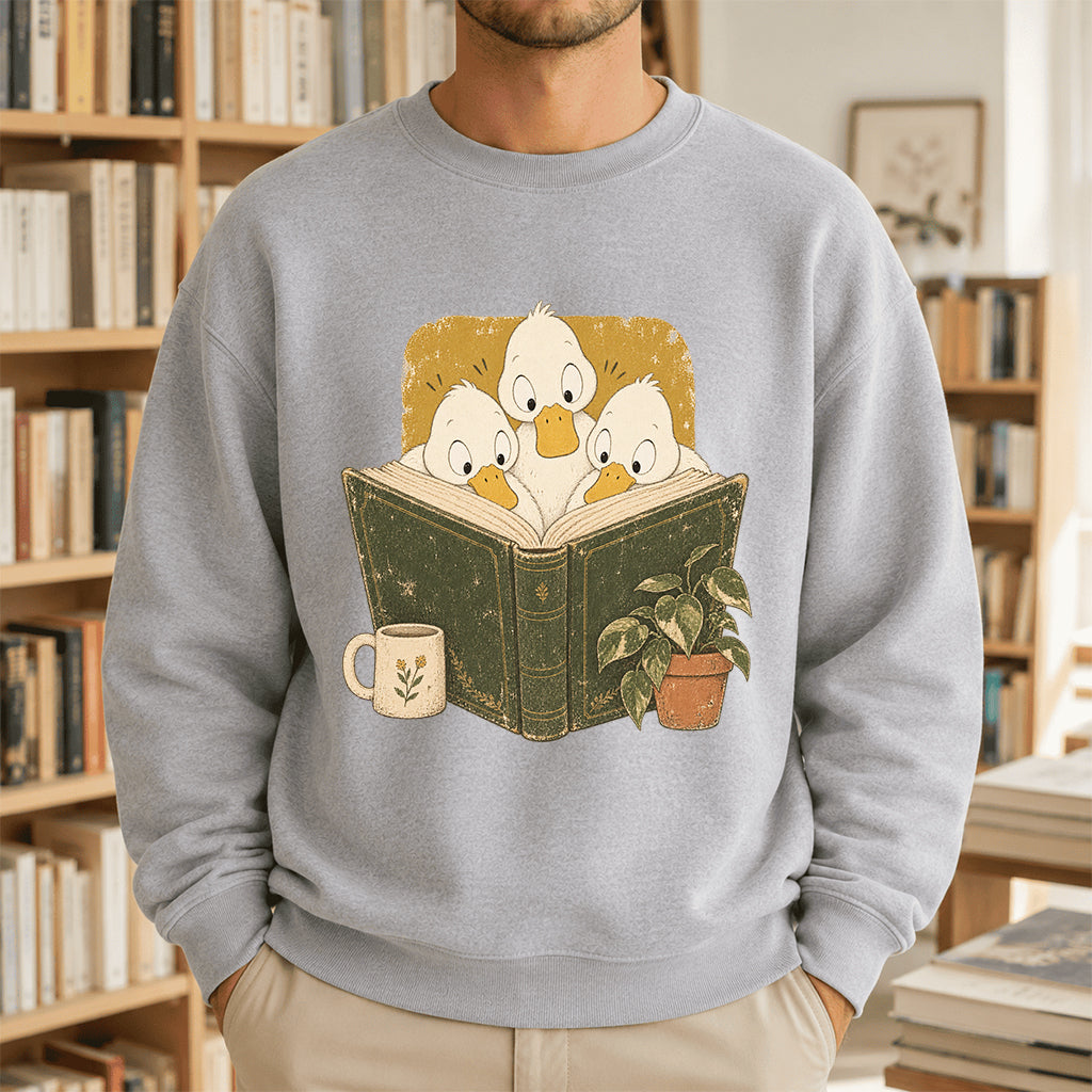 Minimal Japanese Ducks Reading Crewneck Sweatshirt | Reader Gift Sport Grey