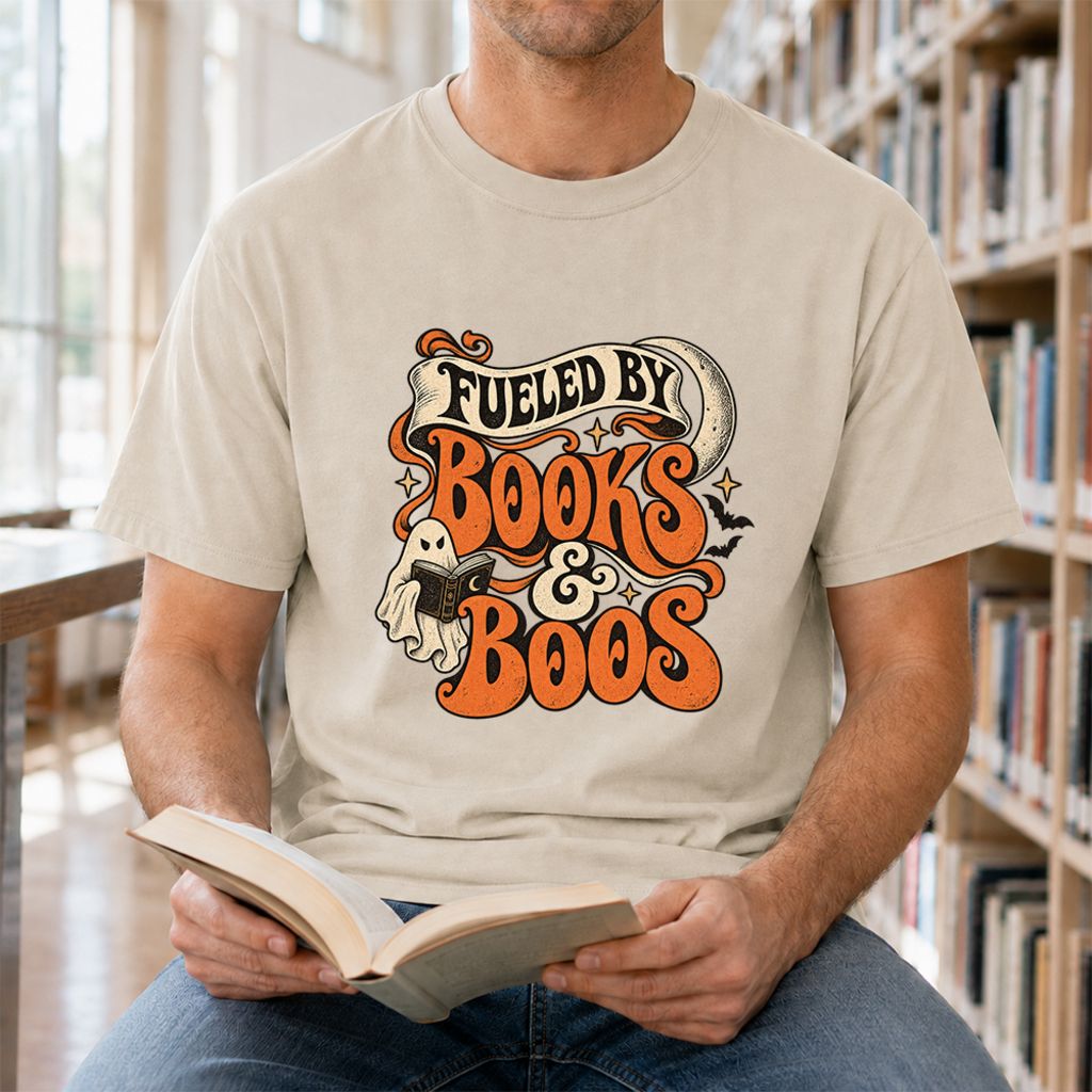 Fueled By Books & Boos Printed T-Shirt | Halloween Book Lover Gift Sand