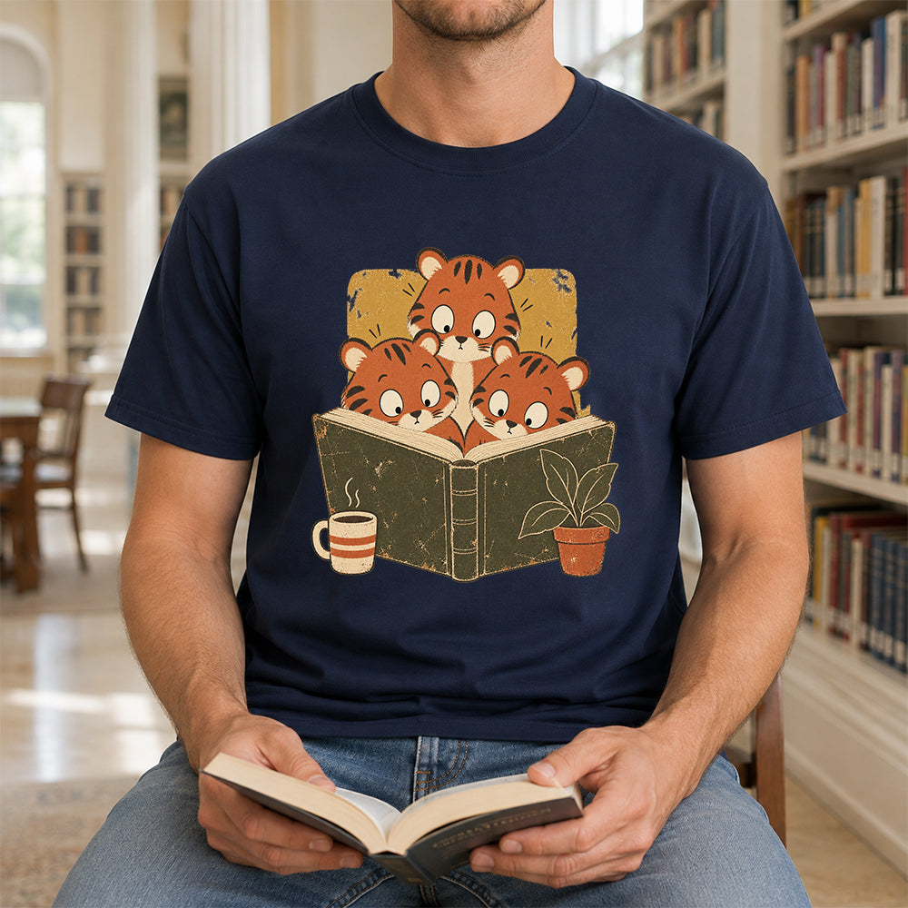 Minimal Japanese Tigers Reading Softstyle T-Shirt | Book Lover Gift Navy