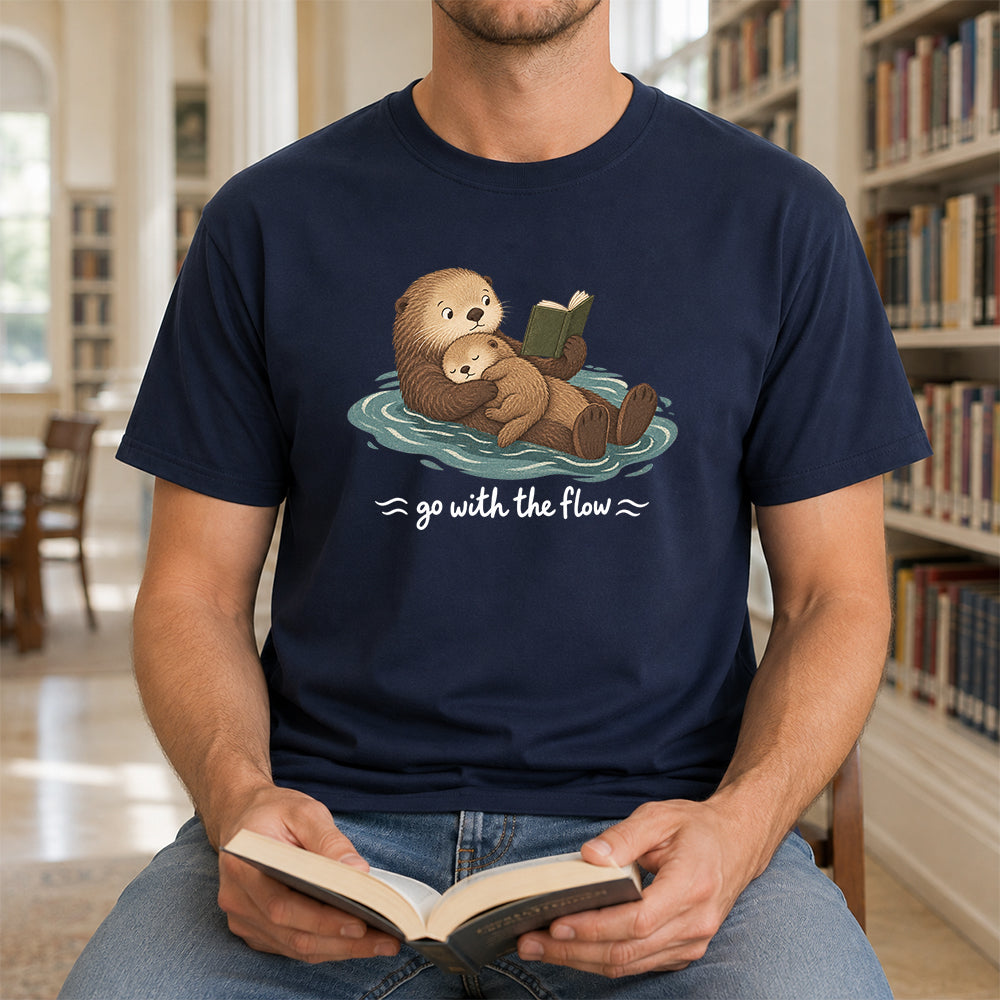 Go With The Flow Otter Reading Softstyle T-Shirt | Book Lover Gift Navy
