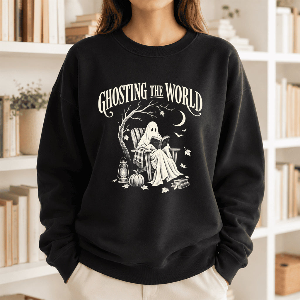 Ghosting The World Crewneck Sweatshirt | Halloween Reader Gift Black