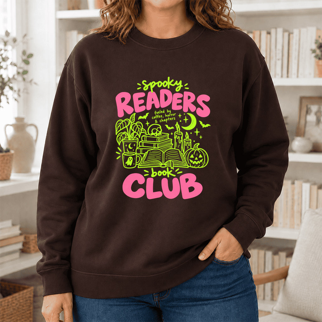 Spooky Readers Book Club Crewneck Sweatshirt | Halloween Reader Gift Dark Chocolate