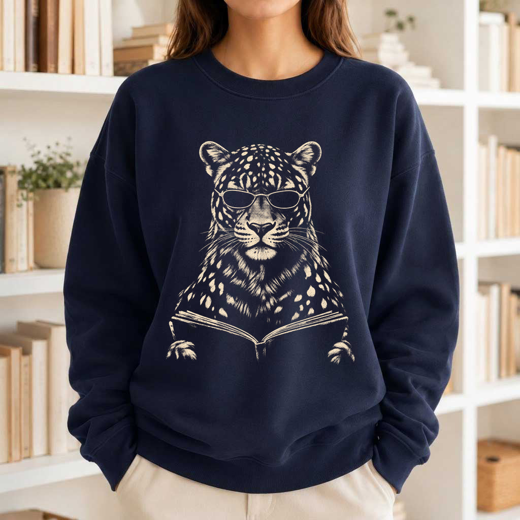 Leopard Reading Book Crewneck Sweatshirt | Reader Gift Navy