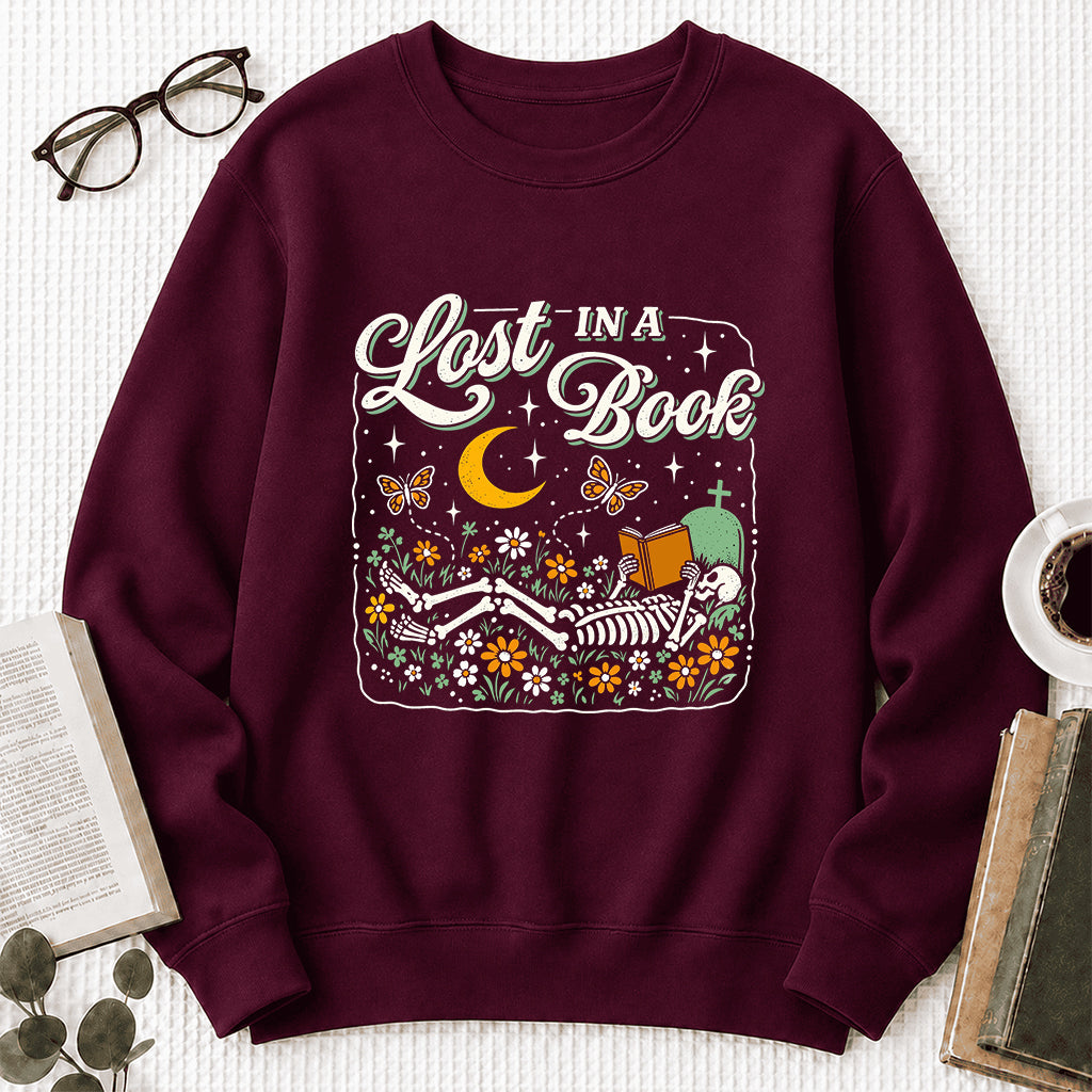 Lost In A Book Crewneck Sweatshirt | Halloween Reader Gift Maroon