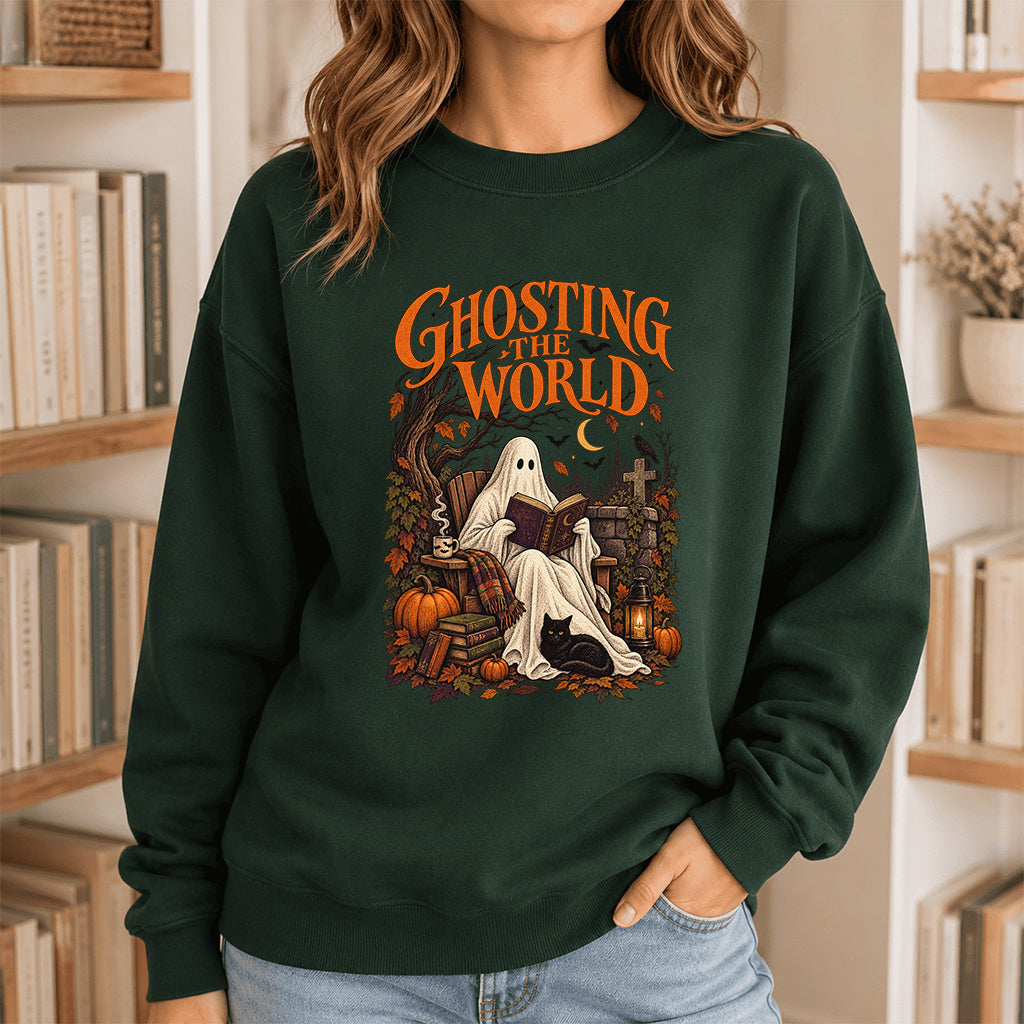 Ghosting The World Crewneck Sweatshirt | Halloween Reader Gift Forest Green