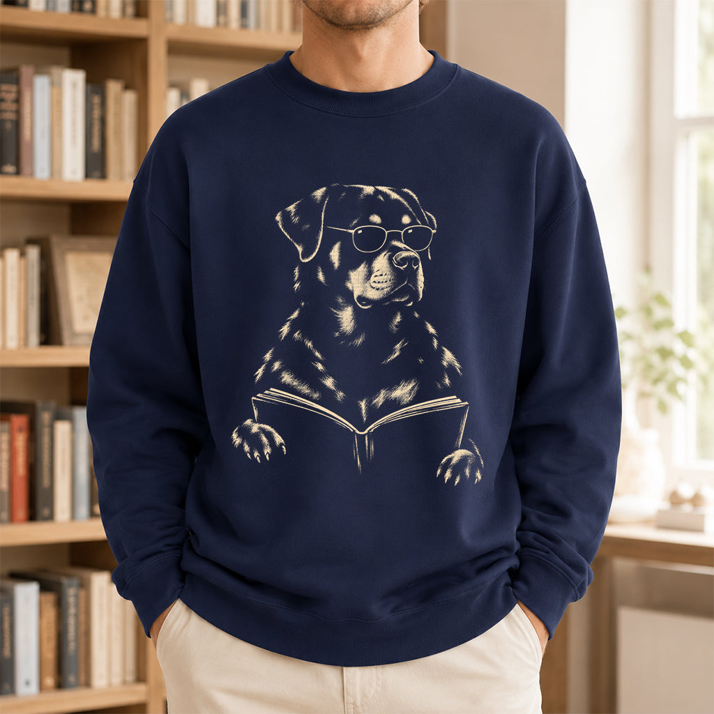 Rottweiler Reading Book Crewneck Sweatshirt | Reader Gift Navy