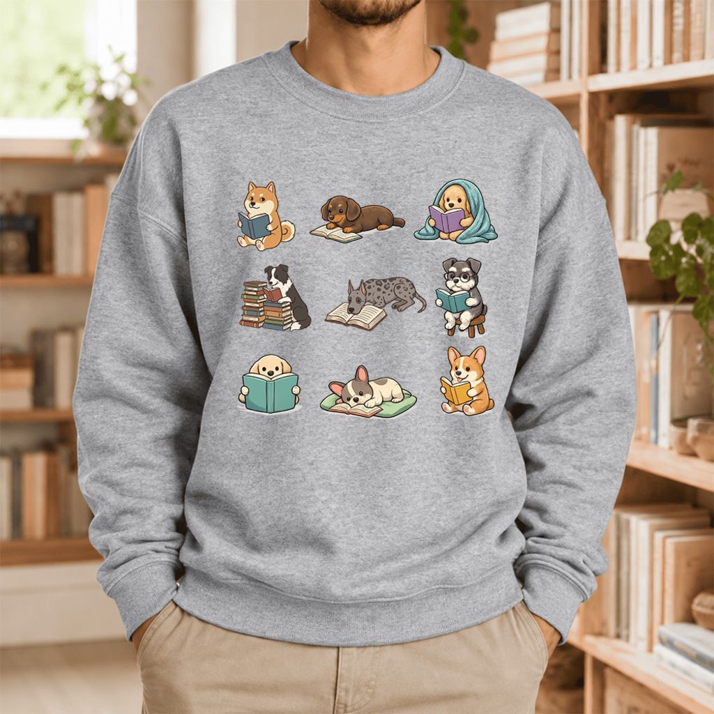 Funny Reading Dogs Embroidered Sweatshirt | Dog Mom Reader Gift Sport Grey